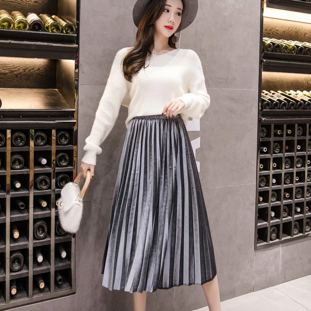 High Waist Velveted Long Maxi Pleated Skirt